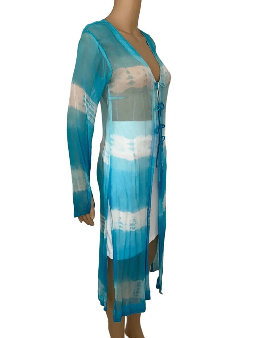 Silk Blue White Swim Beach Cover Up Cardigan Duster Size M